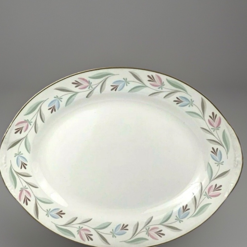 Homer Laughlin Eggshell Nautilus Oval Platter Gold Rim Floral Serving Dish G52N5